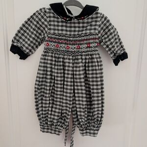 Vintage Classic Smocked Plaid Jumpsuit With Velour And Embroidered Detail